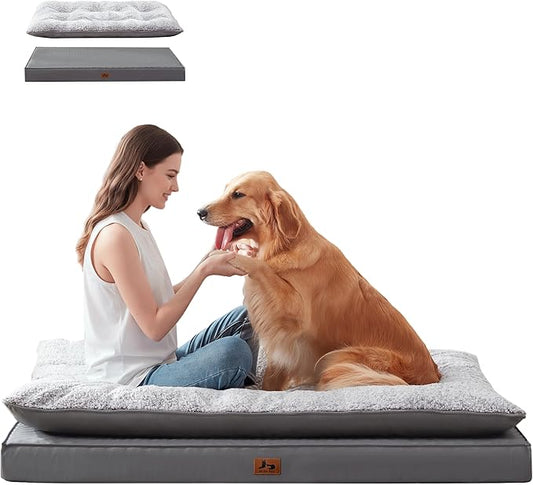 Washable Dog Bed for Medium Large Size Dog, Plush Pillow Pet Bed with Cooling Leather Egg-Crate Foam Base, Waterproof Kennel Bed with Removable Cover, 55" x 42" Comfort Cushion Bed, Dark Grey
