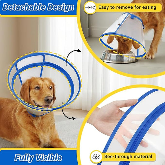 Dog Cone to Stop Licking, Clear Recovery Collar with Detachable Zipper, Sturdy Elizabethan Collar for Large Medium Small Dogs, Soft Adjustable Cone After Surgery Patented, Blue XXL
