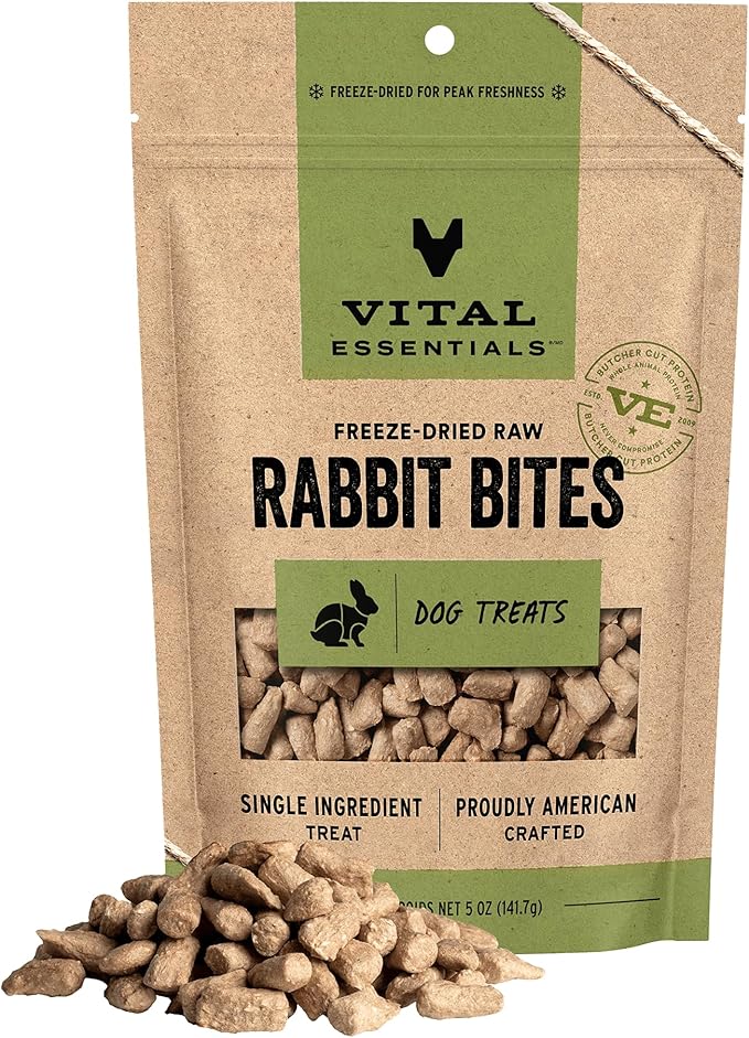 Vital Essentials Rabbit Bites Dog Treats, 5 oz | Freeze-Dried Raw | Single Protein | Premium Quality High Protein Training Treats | Grain Free, Gluten Free, Filler Free