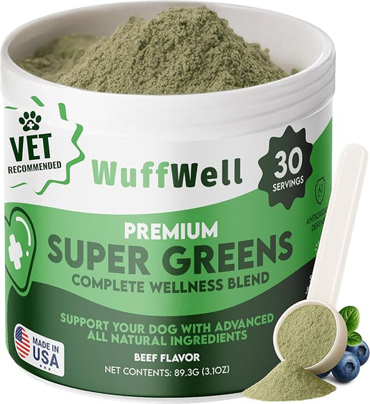 WuffWell Super Greens Powder for Dogs – Spirulina, Chlorella, Moringa, Glucosamine & Turmeric – Joint, Immune & Skin Support – Beef Flavor – Natural Dog Supplements – Vet Approved – Made in USA