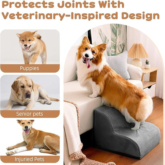 Dog Stairs for Small Dogs and Cats, 12" H 2 Steps Pet Steps Ramp for High Bed, Couch, Sofa, Waterproof Pet Stairs with Removable Washable Cover, Non-Slip Bottom, Dark Gray