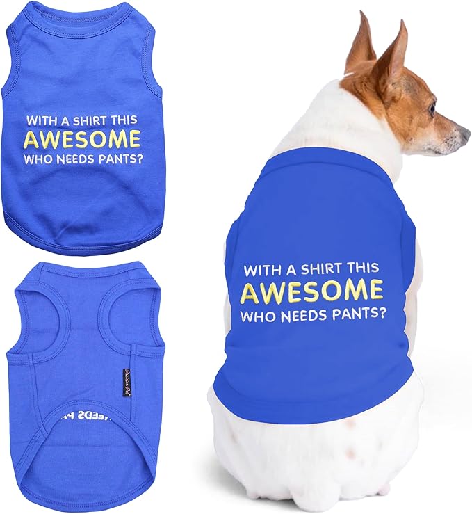 Parisian Pet Dog T-Shirt - Embroidered “ Awesome “ Dog Shirt - Pure Cotton and Lightweight Pet Clothes - Blue Sleeveless Pet Tee Shirts - Cute Puppy Clothes - Shirts for Small Dogs Boy - XS