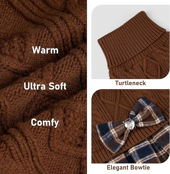 KYEESE Dog Sweater Comfy Dogs Clothes with Bowtie Thick Dog Sweaters for Small Dogs Male Warm Pullover Pet Coats Soft Turtleneck Cat Sweaters Stretchy Knitwear Pet Sweater Dress, Brown, Small