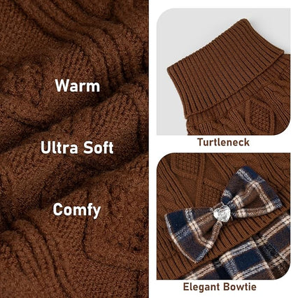 KYEESE Dog Sweater Comfy Dogs Clothes with Bowtie Thick Dog Sweaters for Small Dogs Male Warm Pullover Pet Coats Soft Turtleneck Cat Sweaters Stretchy Knitwear Pet Sweater Dress, Brown, Small