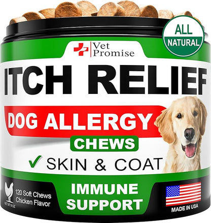 Dog Allergy Relief Chews - Dog Itch Relief Treatment - Anti Itch - Itchy Skin - Dry Skin & Hot Spots - Immune Health Supplement with Probiotics, Omega 3 Fish Oil, Colostrum - Made in USA - 120 Treats