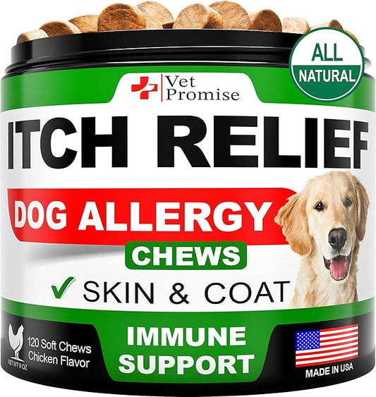 Dog Allergy Relief Chews - Dog Itch Relief Treatment - Anti Itch - Itchy Skin - Dry Skin & Hot Spots - Immune Health Supplement with Probiotics, Omega 3 Fish Oil, Colostrum - Made in USA - 120 Treats