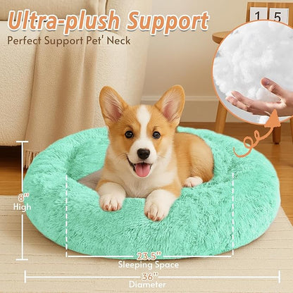 JOLLYVOGUE Small Dog & Cat Beds for Indoor Cats, Donut Cuddler Warming Soft Dog Beds with Anti-Slip Bottom, Round Calming Fluffy Plush Faux Fur Cushion Bed for Large Dogs (36", Mint Green)