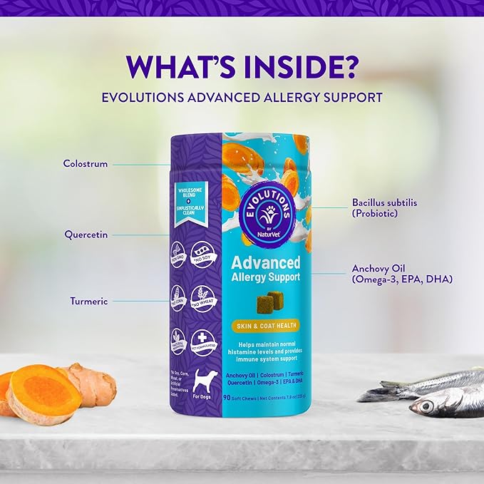 NaturVet Evolutions Advanced Allergy Support 90ct Soft Chews for Dogs - Omega-3, Anchovy Oil, Colostrum, Turmeric, Quercetin, Probiotic - Helps Maintain Normal Histamine Levels