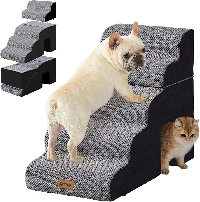 Dog Ramp for Large Dogs - 5 Steps 24" H Pet Stairs for High Bed with Tunnel 2 in 1 with Zippers Suitable, Indoor Cat Ladders with Non-Slip Bottom, Black