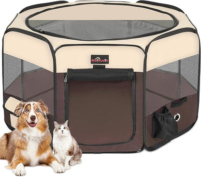 Aivituvin Dog Playpen Foldable Waterproof Pet Play Pens for Cat, Puppies, Rabbits, Chickens, Durable Portable Pet Tent for Travel Camping Indoor/Outdoor Brown XL