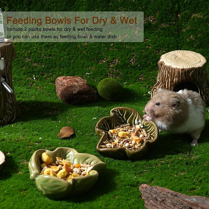 Hamster Food Bowl, 2 Packs Ceramic Leaf Hamster Bowls Guinea Pig Food Dish Water Bowls for Gerbil Mouse Chinchilla Hedgehog