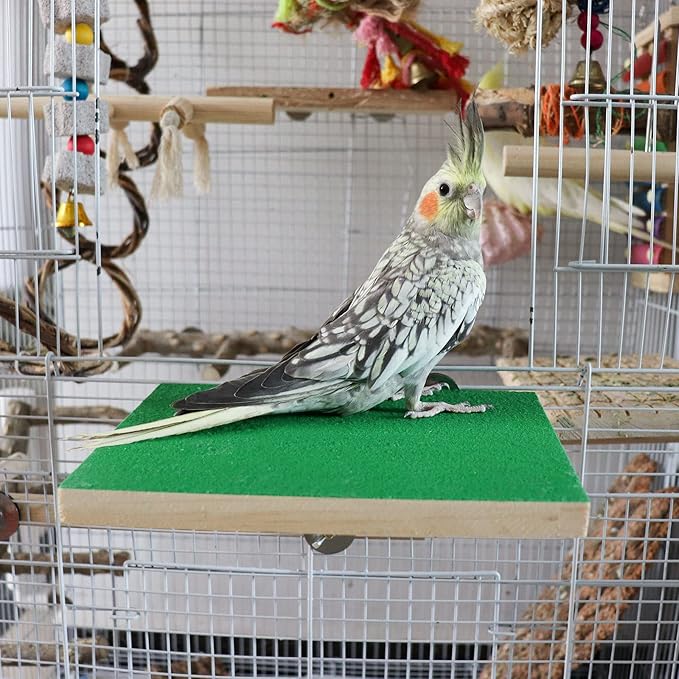 Dnoifne 7.9×5.9 Inches Large Bird Perch Stand Platform, Natural Wooden Bird Cage Accessories, Bird Stand Perch with Rough Quartz Sand Surface for Parrot, Parakeet, Budgies, Cockatiel, Rats