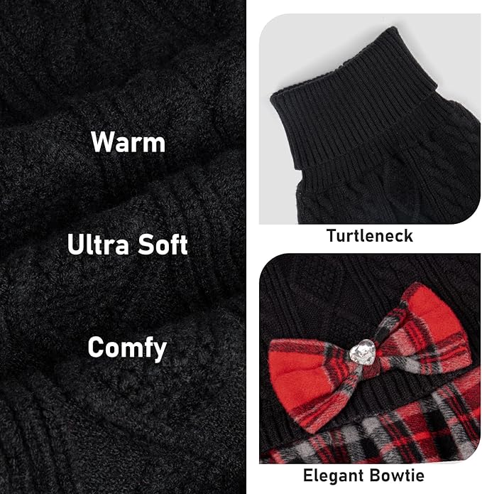 KYEESE Dog Sweater Warm Pullover Pet Coats Comfy Dogs Clothes with Bowtie Thick Dog Sweaters for Small Dogs Male Soft Turtleneck Cat Sweaters Stretchy Knitwear Pet Sweater Dress, Black, X-Large