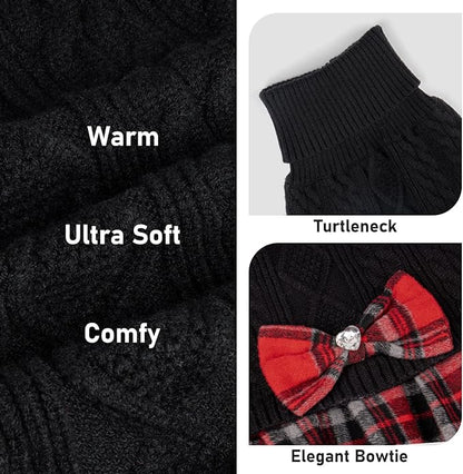 KYEESE Dog Sweater Warm Pullover Pet Coats Comfy Dogs Clothes with Bowtie Thick Dog Sweaters for Small Dogs Male Soft Turtleneck Cat Sweaters Stretchy Knitwear Pet Sweater Dress, Black, X-Large