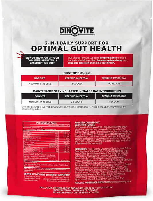 Dinovite 3 in 1 Probiotic for Medium Dogs, Skin & Coat, Digestive Health & Joint Relief, Dog Food Toppers, Immune Support, Allergy Relief & Itch Relief Skin Care, 30 Servings (18-45lb)
