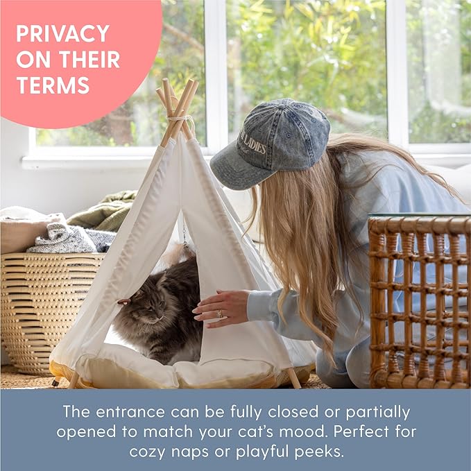 The Cat Ladies Cat Teepee - White Small Dog Tent Bed with a Soft Inner Cushion - Indoor Pet Teepee with Wooden Poles for Cats Dogs Rabbit and Bunny - with Feather Toys