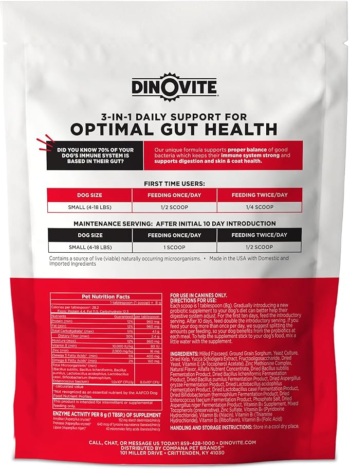 Dinovite 3 in 1 Probiotic for Small Dogs, Skin & Coat, Digestive Health & Joint Relief, Dog Food Toppers, Immune Support, Allergy Relief & Itch Relief Skin Care, 30 Servings (1-18lb)