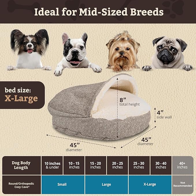 Snoozer Cozy Cave Dog Bed - Indoor Dog Bed with Cover Cave, Covered Calming Burrow for Medium & Large Sized Pets with Blanket Attached, Enclosed, Removable Washable Cover - XL, Merlin Linen