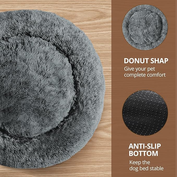 JOLLYVOGUE Small Dog & Cat Beds for Indoor Cats, Donut Cuddler Warming Soft Dog Beds with Anti-Slip Bottom, Round Calming Fluffy Plush Faux Fur Cushion Bed for Medium Dogs (27")