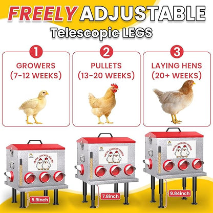 Cybrasc 10-Gal 55LB Metal Chicken Feeder with Window, Dual No-Waste & Rat-Proof Design, Automatic Large Chicken Feeder for Outdoor Coops, Rust-Proof Alloy Steel Poultry Feeder with Adjustable Legs