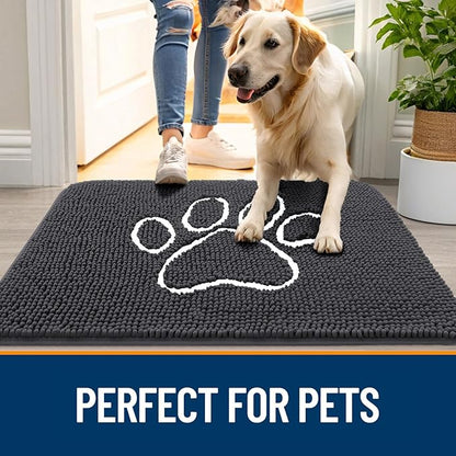 OLANLY Dog Door Mat for Muddy Paws 24x16, Paw Print Design, Absorbs Moisture and Dirt, Absorbent Non-Slip Washable Doormat, Quick Dry Chenille Mud Mat for Dogs, Entry Indoor Entryway Carpet, Dark Grey