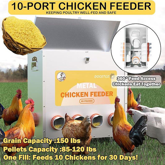 Automatic Chicken Feeder No Waste Metal Poultry Feeder Large Capacity 85lbs for Chickens, Geese, Ducks, Turkeys, Quails (10-Port)