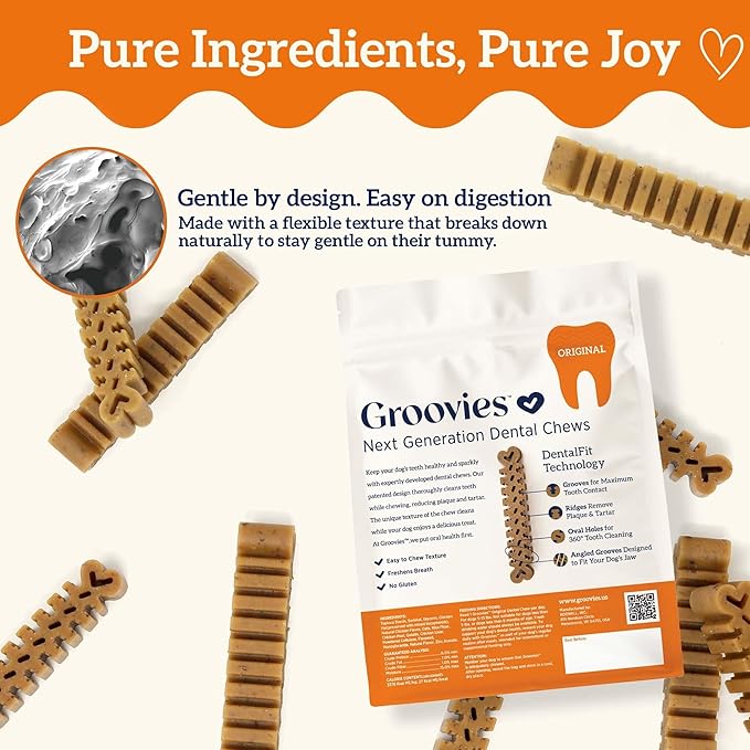 Groovies Flexible, Yet Moderately Tough Daily Dog Dental Chews. Powered by USA-Patented DentalFit Technology. No Added Gluten, No Artificial Flavors or Colors. Original 6oz (Small 22Chews)
