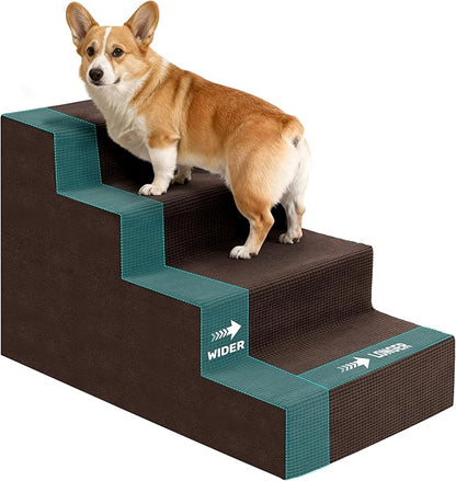Dog Stairs for Bed, Extra Wide 4-Step Dog Steps for High Bed, High-Density Foam Pet Stairs with Non-Slip Removable Washable Cover for Small Pets, 18" H, Brown