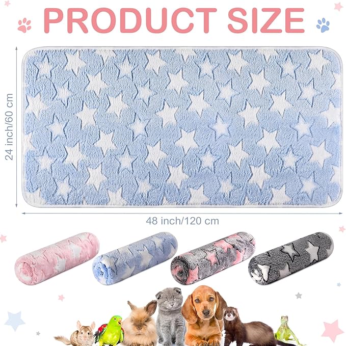 Reginary 4 Pcs Waterproof Guinea Pig Blankets Washable Small Animal Fleece Bedding Guinea Pig Cage Liners Reusable Training Pads Pet Pee Pad Sleep Mat for Hamster(Cute Star Pattern,24 x 47 Inch)