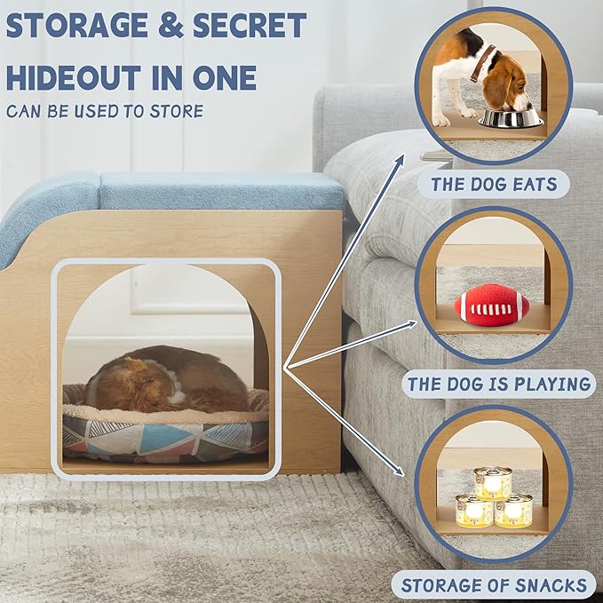 40.9" Lx15.7 Wx17.7 H Dog Ramp and Stairs for Beds,Up to 200 lbs Durable Wooden Dog Steps with Storage&Hideout Space,Curved Pet Stairs for Couch,Sofa, with Washable Cover&High Density Foam-Blue