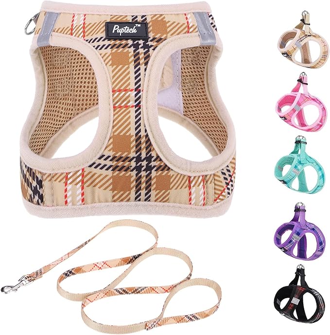 PUPTECK Dog Harness and Leash Set for Small Medium Dogs No Pull Step-in Soft Mesh Puppy Cat Vest Harnesses Reflective at Night, Plaid Pattern Beige XS