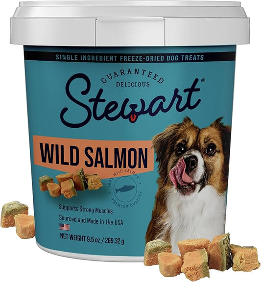 Stewart Wild Salmon Dog Treats, 9.5 oz, ~190 Pieces, Freeze Dried Raw, Single Ingredient, 65% Protein Training Treats or Meal Topper in a Resealable Tub, Grain Free, Gluten Free