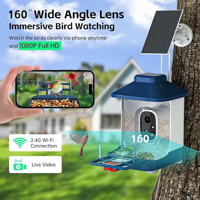 Bird Feeder with Camera, AI Bird Identification, Full HD Live Video, Solar Powered, 2.4Ghz WiFi, Nstant Arrival Alerts - White Elephant Gifts