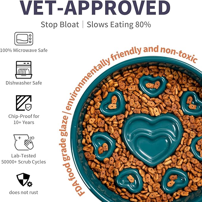 Ceramic Slow Feeder Dog Bowl, 4-Cup Anti-Slip Puzzle Feeder for Medium/Large Dogs, Indoor/Outdoor Pet Bowl for Fast Eaters - Blue（Love）