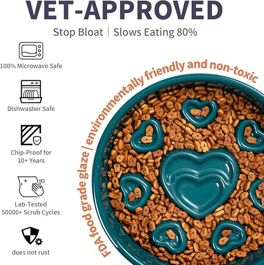 Ceramic Slow Feeder Dog Bowl, 4-Cup Anti-Slip Puzzle Feeder for Medium/Large Dogs, Indoor/Outdoor Pet Bowl for Fast Eaters - Blue（Love）