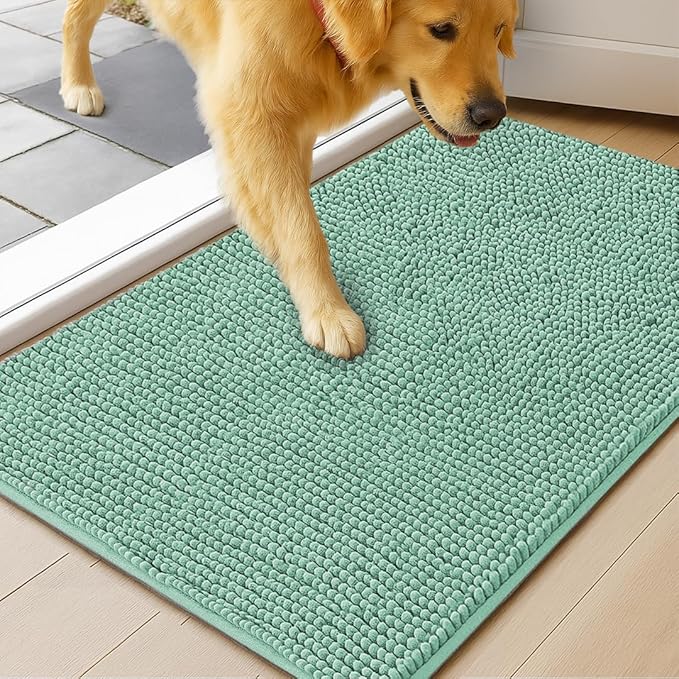 MudGuard Mat™ Dog Door Mat for Muddy Paws, Super Absorbent Microfiber, Non-Slip Indoor Mat, Quick Dry Chenille Mud Mat for Dogs & Entryway, Washable, Sea Green 24" x 60"