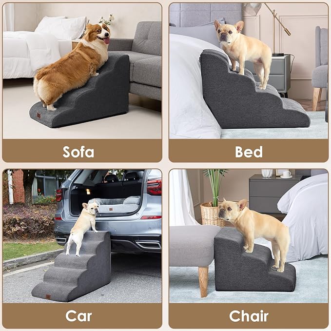 EHEYCIGA Curved Dog Stairs Ramp for High Beds 22.6" H, 5-Step Dog Steps for Small Dogs and Cats, Pet Stairs for High Bed Climbing, Non-Slip Balanced Pet Step Indoor, Grey