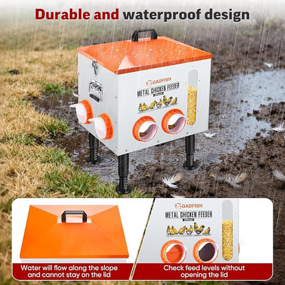 GADFISH 55LBS Large Capacity Automatic Chicken Feeder - Upgraded Window Design Allows Viewing of Feed Conditions, 8 Feeding Ports, Anti-Waste Design, Height-Adjustable Legs & Secure