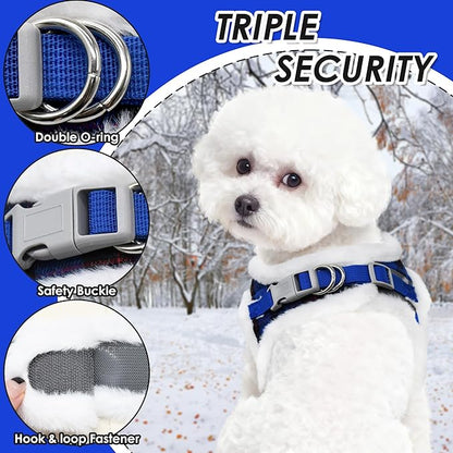 AIITLE Plush Reflective Dog Harness and Leash Set - Plaid Pattern, Warm, Soft, No-Pull, Secure with Hook & Loop Fastener, Adjustable with Padded Interior for Small Dogs (Blue, XXS)