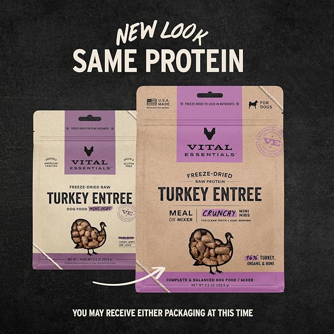 Vital Essentials Freeze-Dried Raw Turkey Crunchy Mini Nibs | Complete Meal or Mixer Dog Food | 5.5 oz