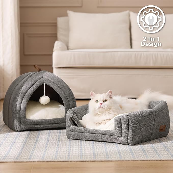Bedsure Cat Beds for Indoor - 2 in 1 Cat Cave House Tent for Kittens and Small Pets with Removable Washable Cushioned Pillow, Foldable Kitten Hideaway with Non-Slip Bottom, Navy, 16 inches