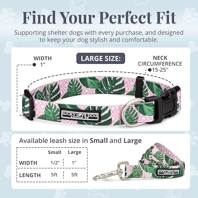 Lucky Love Dog, Tropical Matching Dog Collar & Leash Set, Soft & Comfy, Vivid Pink Color Collar and Leash for Female Male Dogs - (Large, Laguna Combo)