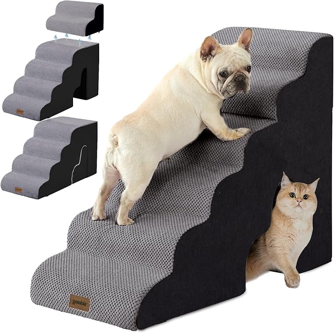Dog Ramp for High Beds - 28.5" H 6 Steps Pet Stairs for Large Dogs with Tunnel 2 in 1 with Zippers Suitable, Indoor Cat Ladders with Non-Slip Bottom, Black