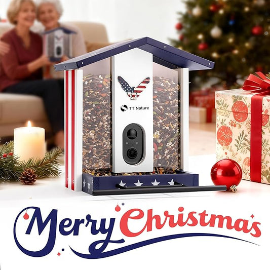 TT Nature Bird Feeder with Camera, Solar Powered Smart Birdhouse Cam with Auto Capture & Bird Identify, Instant Real-time Notifications, 1080P Cam, Gift for Outdoor Birdwatching, Flag Style
