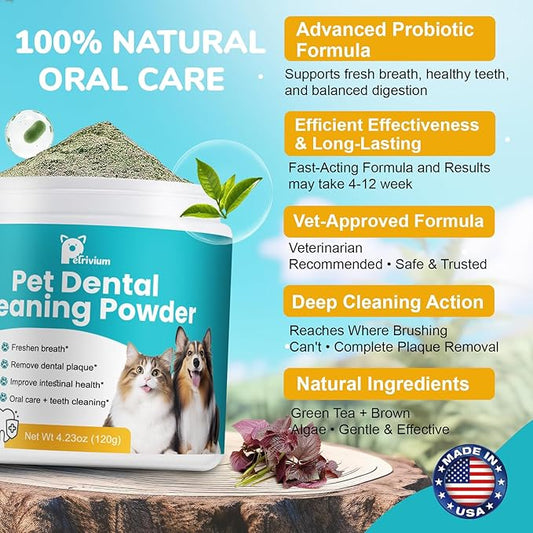 Dog Teeth Cleaning Powder, Dog Dental Powder for Teeth Cleaning and Dog Breath Fresh, Bad Breath Fresher & Tartar Remover with Enzyme, Probiotics. Plaque Off Pet Tooth Cleaning 120 Grams 60 Servings