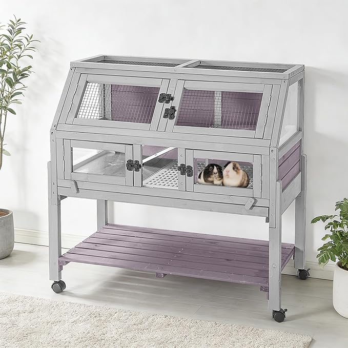 Large Guinea Pig Cages Indoor with Wheels, Wooden Rabbit Hutch with Plastic Floor and Zinc Cool Plate, Anti-Chewing Ramp, Small Animal Habitat with Leakproof Tray for Hamster, Chinchillas, Rats