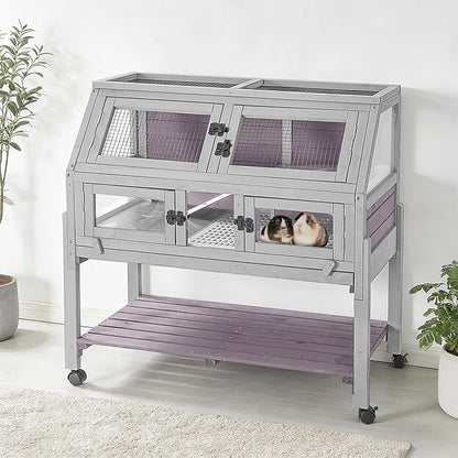 Large Guinea Pig Cages Indoor with Wheels, Wooden Rabbit Hutch with Plastic Floor and Zinc Cool Plate, Anti-Chewing Ramp, Small Animal Habitat with Leakproof Tray for Hamster, Chinchillas, Rats
