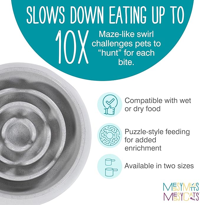Messy Mutts and Cats Interactive Slow Feeder | Speckled Grey (1.75 Cup) | 8” Round Durable Puzzle Slow Feeder for Dogs/Cats | Enrichment Food Dish for Slow Eating, Bloating
