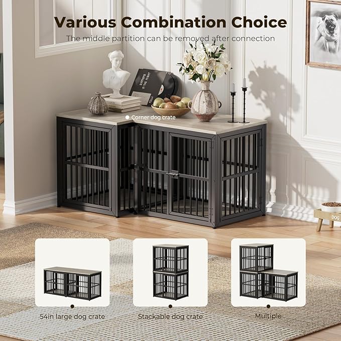 Lyromix 27'' Dog Crate Furniture with 3 Doors,Wooden Crate End Table Heavy Duty Indoor Puppy Cage for Small Dogs, Multiple Units Can be Combined, Grey