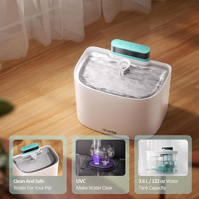 PET LAYSON Pumpless Cat Water Fountain, Smart Cordless Fountains Battery Operated, 3.6L/122oz with Maglev Valve Technology Rechargeable Water Dispenser for Cat &Dog 2 Filters,2 Nozzles(White, M1)